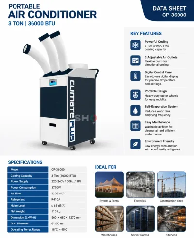 Climate Plus CP-36000 Portable Air Conditioner 3 Ton