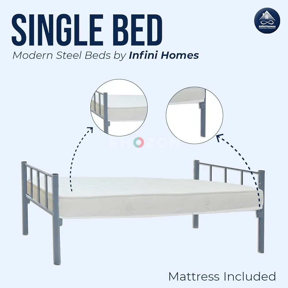 Modern Steel Single Size Bed with Mattress – Strong & Stylish