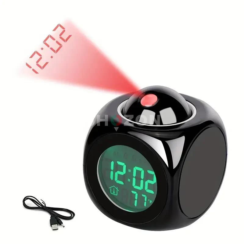 A cube-shaped digital alarm clock that displays the time and temperature, and includes a projector to project the clock onto the ceiling or wall. It features an elegant design ⏰✨  For AED 28