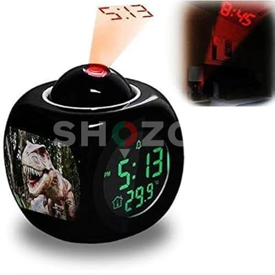 A cube-shaped digital alarm clock that displays the time and temperature, and includes a projector to project the clock onto the ceiling or wall. It features an elegant design ⏰✨  For AED 28