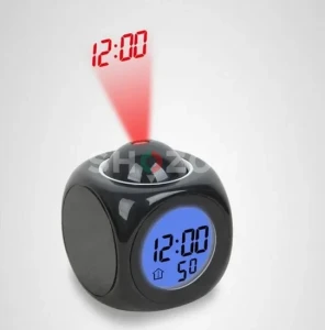 A cube-shaped digital alarm clock that displays the time and temperature, and includes a projector to project the clock onto the ceiling or wall. It features an elegant design ⏰✨  For AED 28