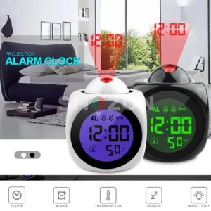A cube-shaped digital alarm clock that displays the time and temperature, and includes a projector to project the clock onto the ceiling or wall. It features an elegant design ⏰✨  For AED 28