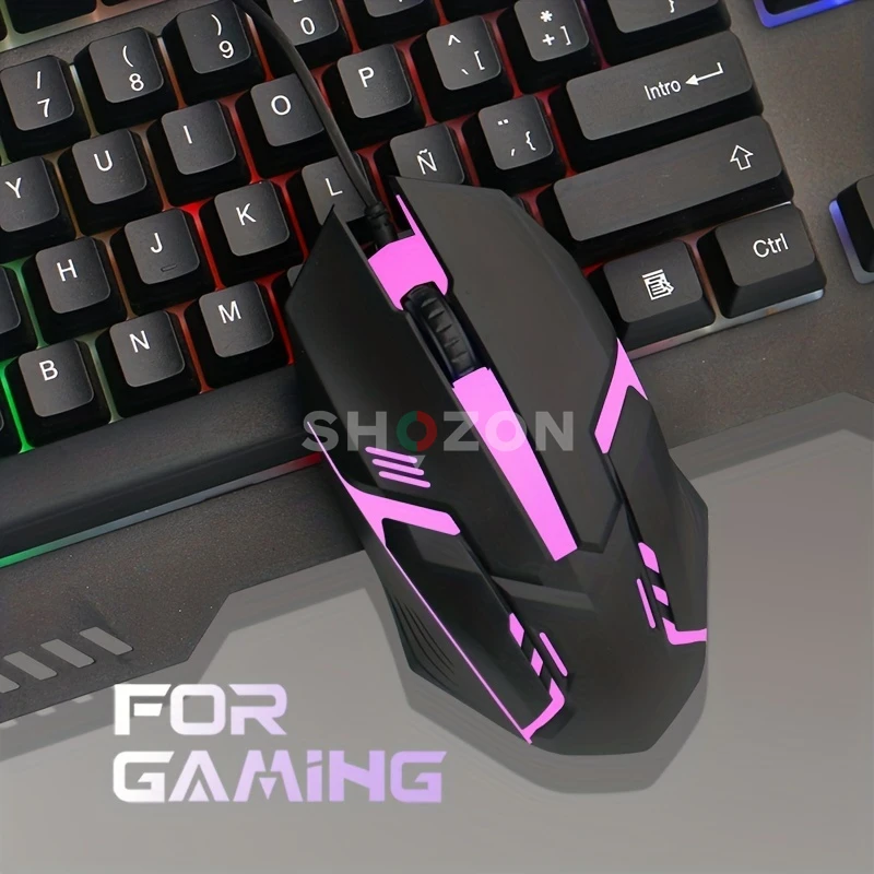 A wired computer mouse with a distinctive modern design, equipped with blue LED lighting and a non-slip 3D scroll wheel, durable and comfortable for everyday use or gaming.
