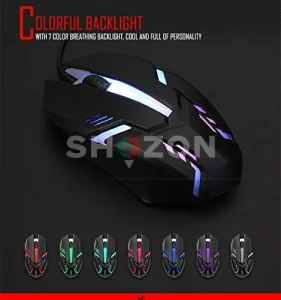 A wired computer mouse with a distinctive modern design, equipped with blue LED lighting and a non-slip 3D scroll wheel, durable and comfortable for everyday use or gaming.