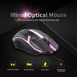 A wired computer mouse with a distinctive modern design, equipped with blue LED lighting and a non-slip 3D scroll wheel, durable and comfortable for everyday use or gaming.