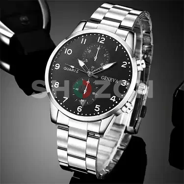 An elegant Geneva watch with a quartz movement, a classic design, a black face with clear white numerals, and a shiny silver metal strap. It's perfect for us students.  Only 30 dirhams.