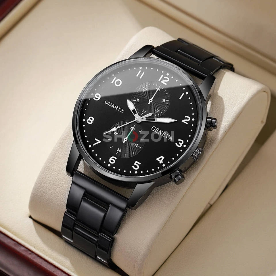 An elegant Geneva watch with a quartz movement, a classic design, a black face with clear white numerals, and a shiny silver metal strap. It's perfect for us students.  Only 30 dirhams.
