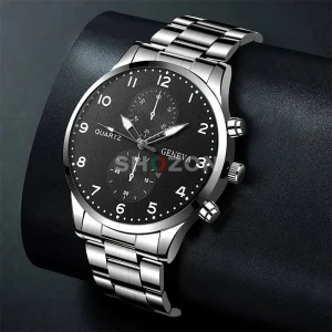 An elegant Geneva watch with a quartz movement, a classic design, a black face with clear white numerals, and a shiny silver metal strap. It's perfect for us students.  Only 30 dirhams.