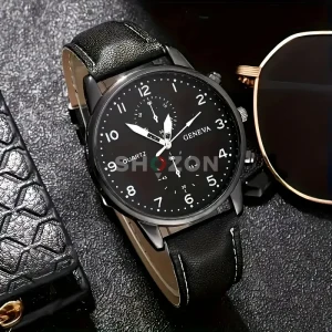 An elegant Geneva watch with a quartz movement, a classic design, a black face with clear white numerals, and a shiny silver metal strap. It's perfect for us students.  Only 30 dirhams.
