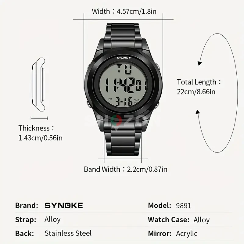 A stylish digital watch from SKMEI with an all-black metal design. It features a large digital display showing the time, date, and day. It also features an alarm, timer, and water resistance.  For AED 40 for those interested.