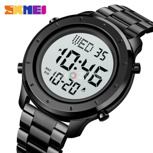 A stylish digital watch from SKMEI with an all-black metal design. It features a large digital display showing the time, date, and day. It also features an alarm, timer, and water resistance.  For AED 40 for those interested.