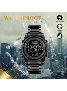 A stylish digital watch from SKMEI with an all-black metal design. It features a large digital display showing the time, date, and day. It also features an alarm, timer, and water resistance.  For AED 40 for those interested.