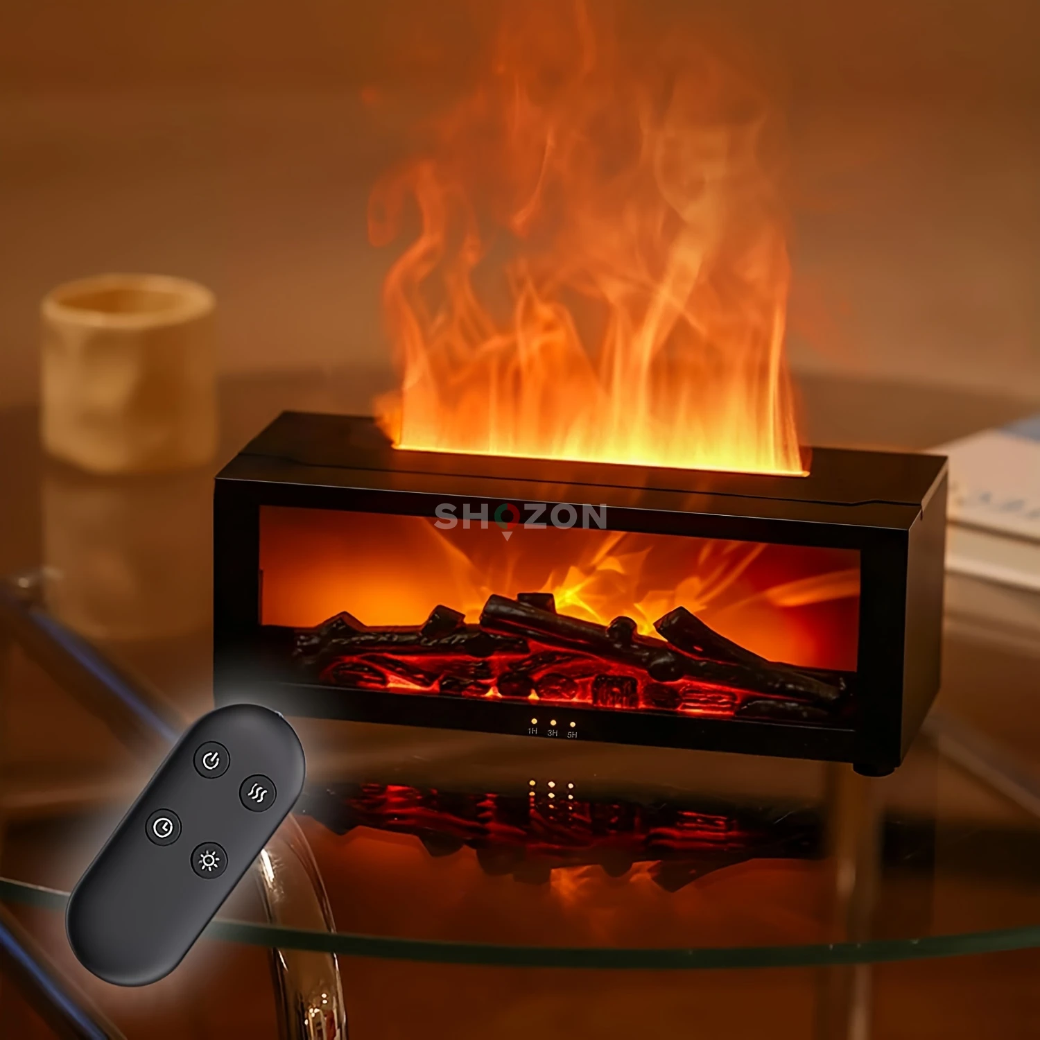 A humidifier and air freshener in the shape of a small electric fireplace, this stylishly decorative device creates a realistic flame effect with LED lighting. It comes with a remote control to change the lighting and set the time. Suitable for living roo