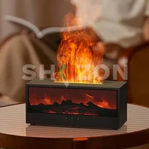 A humidifier and air freshener in the shape of a small electric fireplace, this stylishly decorative device creates a realistic flame effect with LED lighting. It comes with a remote control to change the lighting and set the time. Suitable for living roo