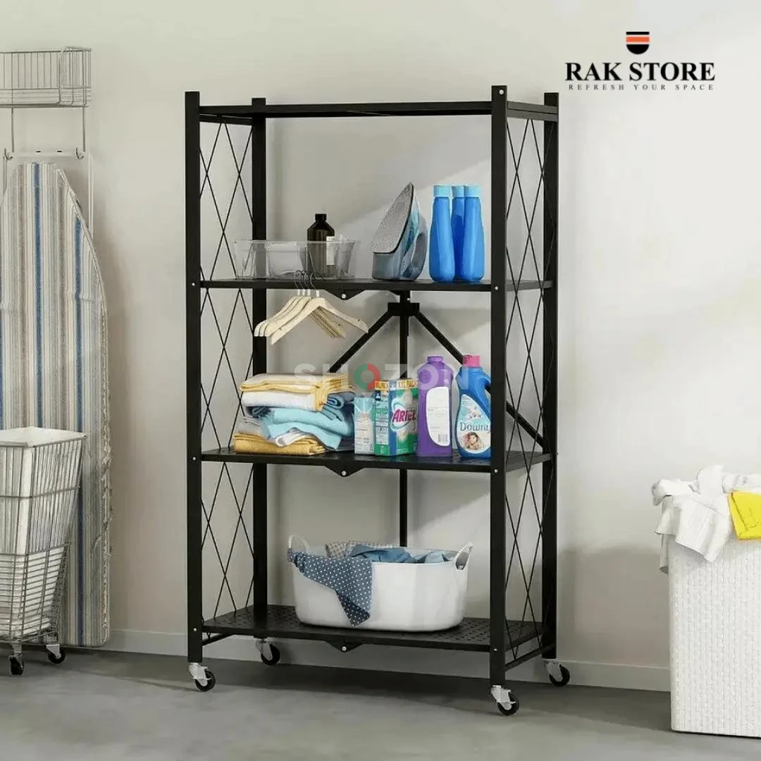 4 TIER FOLDABLE SHELF, KITCHEN 4 LAYER STORAGE RACK, MULTIPURPOSE STORAGE CABINET