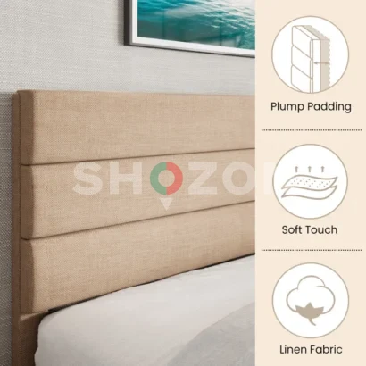 Elison Platform Bed with Fabric Upholstered Headboard & Wooden Slats – Modern Minimalist Design