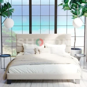 Elison Platform Bed with Fabric Upholstered Headboard & Wooden Slats – Modern Minimalist Design