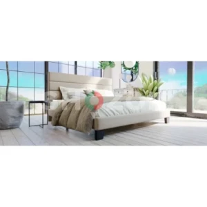 Elison Platform Bed with Fabric Upholstered Headboard & Wooden Slats – Modern Minimalist Design
