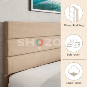 Elison Platform Bed with Fabric Upholstered Headboard & Wooden Slats – Modern Minimalist Design