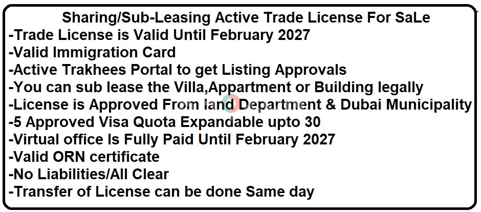 Sharing / Sub-Leasing Active Trade license for Sale.