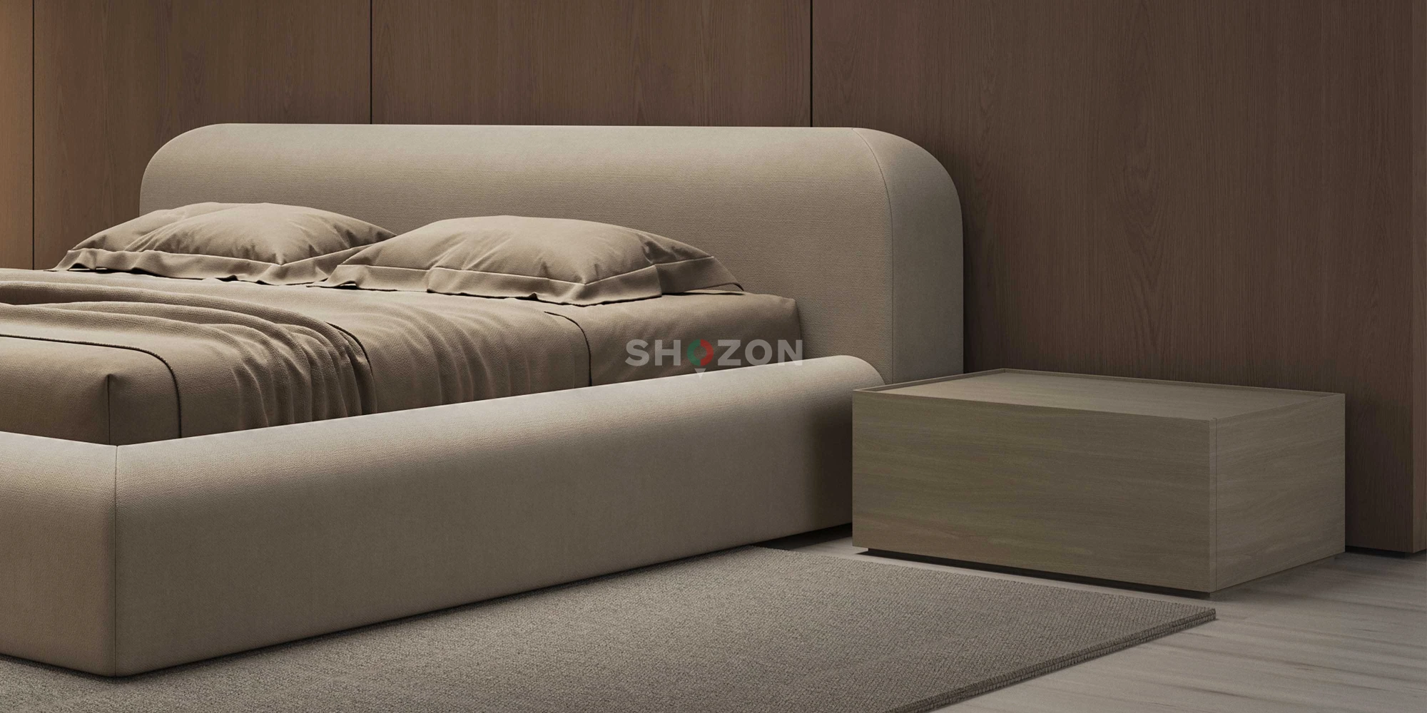 Sure 👍 Her Modern Beige Upholstered Bed Frame with Padded Headboard  