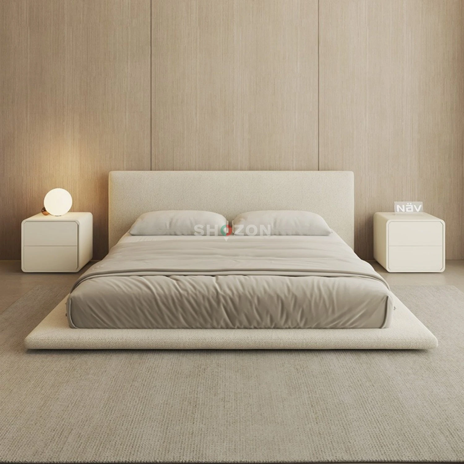 : Modern Beige Upholstered Platform Bed Frame – Excellent Condition