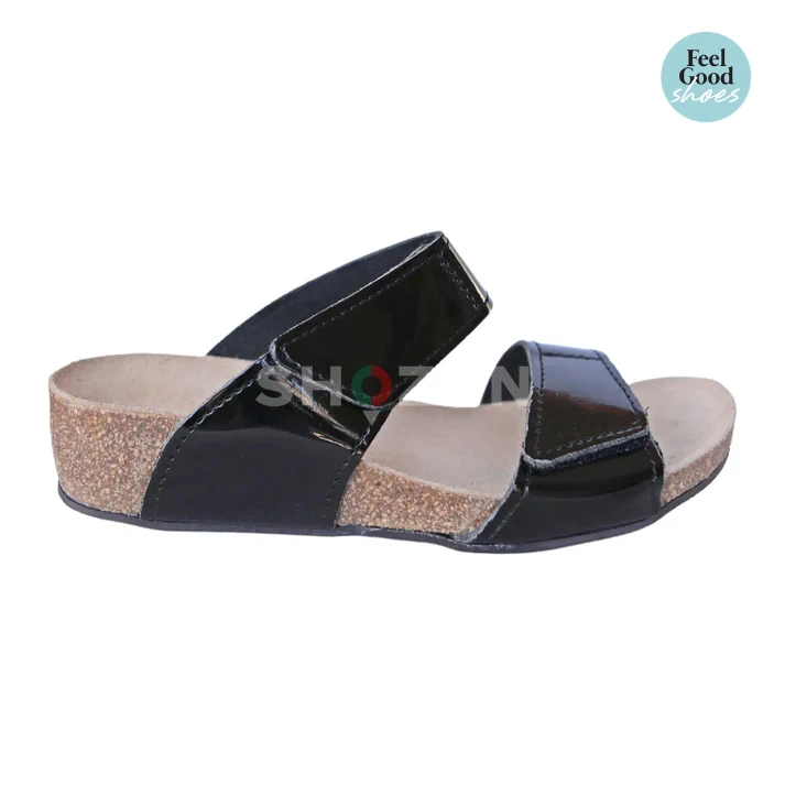 Glossy Black Ladies Orthotic Wedge Sandals - Cork Arch Support