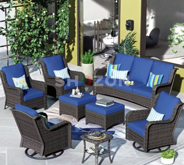 Oreille Brown 8-Piece Wicker Outdoor Patio Conversation Sofa Set with Swivel Rocking Chairs and Navy Blue Cushions