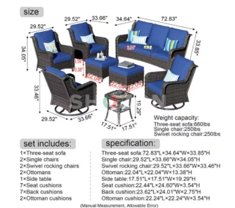 Oreille Brown 8-Piece Wicker Outdoor Patio Conversation Sofa Set with Swivel Rocking Chairs and Navy Blue Cushions