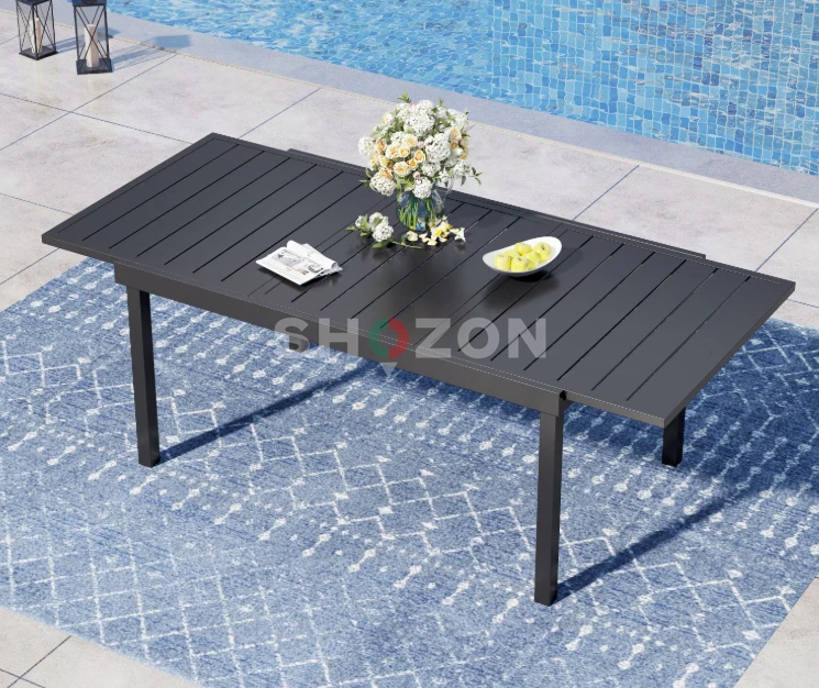 Black Rectangle Metal Patio Outdoor Dining Table with Extension
