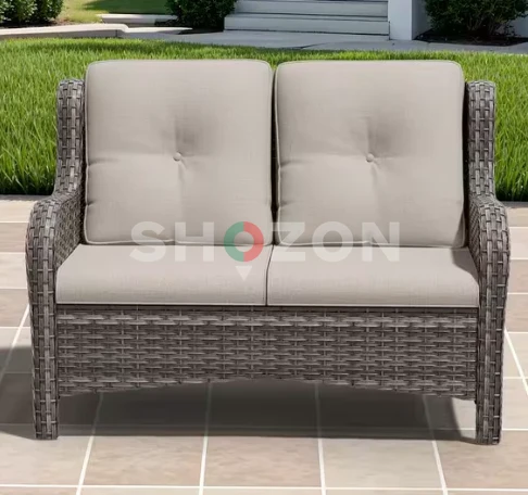 Brown Wicker Outdoor Patio Loveseat with Beige Cushions