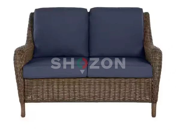 Cambridge Brown Wicker Outdoor Patio Loveseat with CushionGuard Midnight Navy Blue Cushions