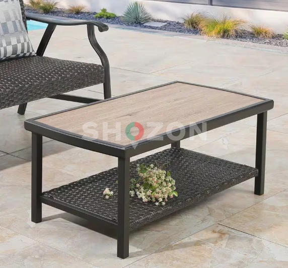 Rectangle Metal Wicker Outdoor Coffee Table with 2-Tier Storage Shelf