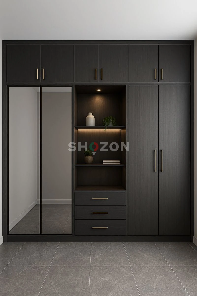 Modern Black Wardrobe with Mirror