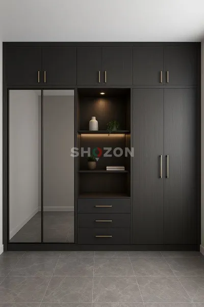 Modern Black Wardrobe with Mirror
