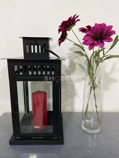 Black Metal Decorative Lantern with Red Candle