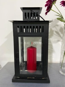 Black Metal Decorative Lantern with Red Candle