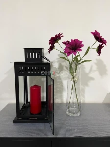 Black Metal Decorative Lantern with Red Candle