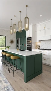 Modern Green Kitchen Island with Bar Stools