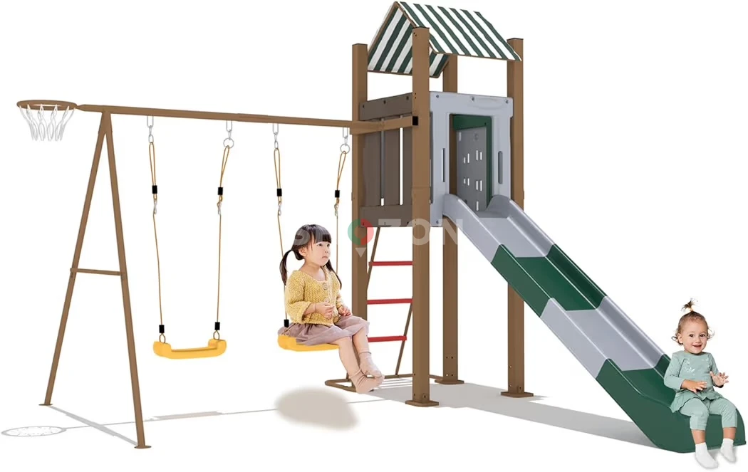 Kids Outdoor Playset with Swings, Slide, and Basketball Hoop