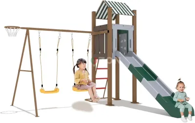 Kids Outdoor Playset with Swings, Slide, and Basketball Hoop