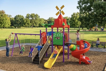 Kids Outdoor Playset with Swings, Slide, and Basketball Hoop