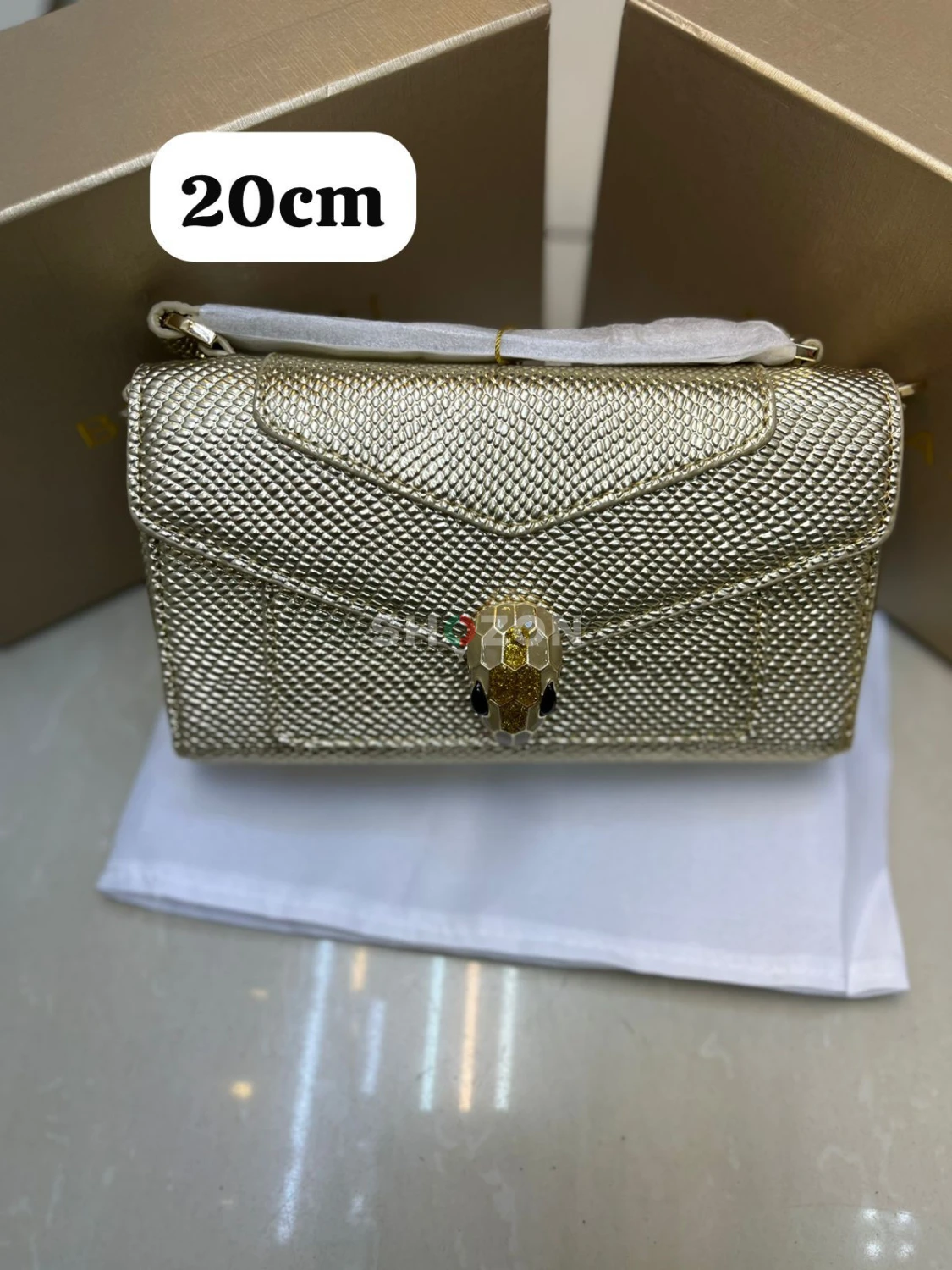 Gold Textured Women's Handbag with Snake Clasp, 20cm