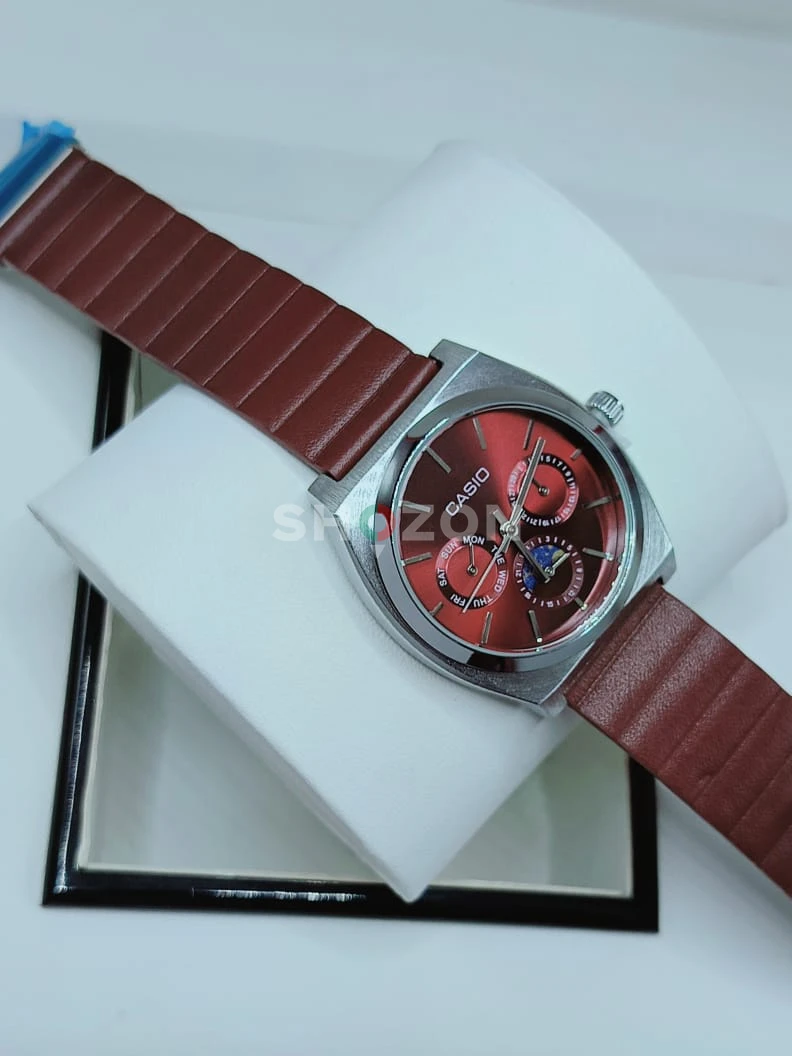 Casio Men's Watch with Red Dial and Brown Strap
