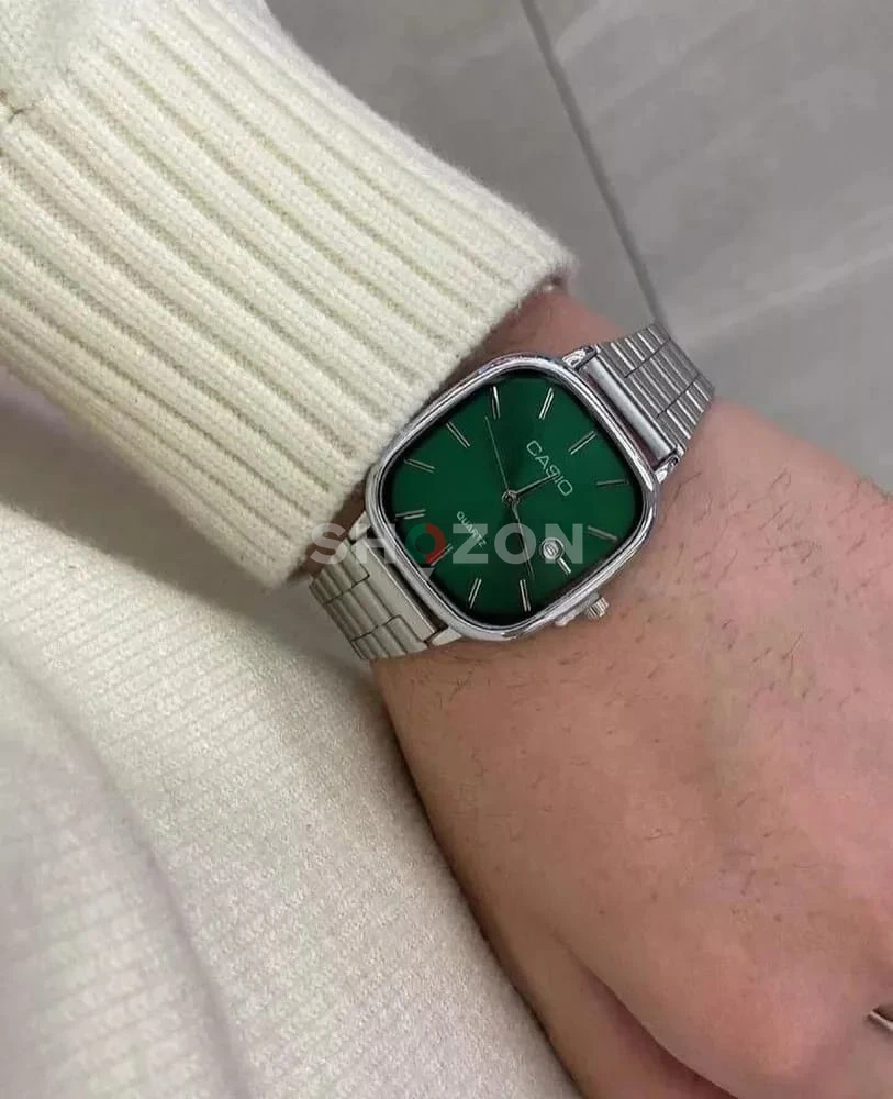 Casio Men's Watch with Green Dial and Silver Strap