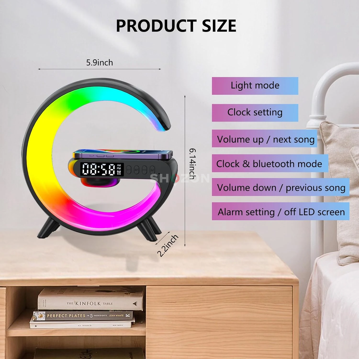 Multi Color LED Digital Alarm Clock with Wireless Charging