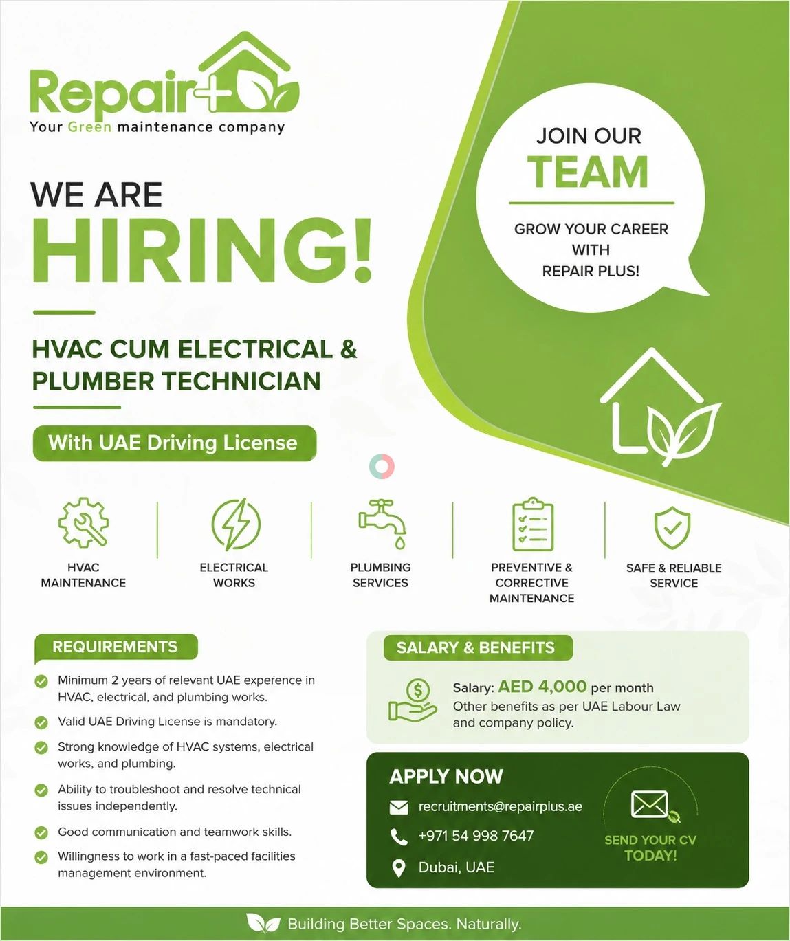 HVAC Cum Electrical & Plumber Technician – With UAE Driving License