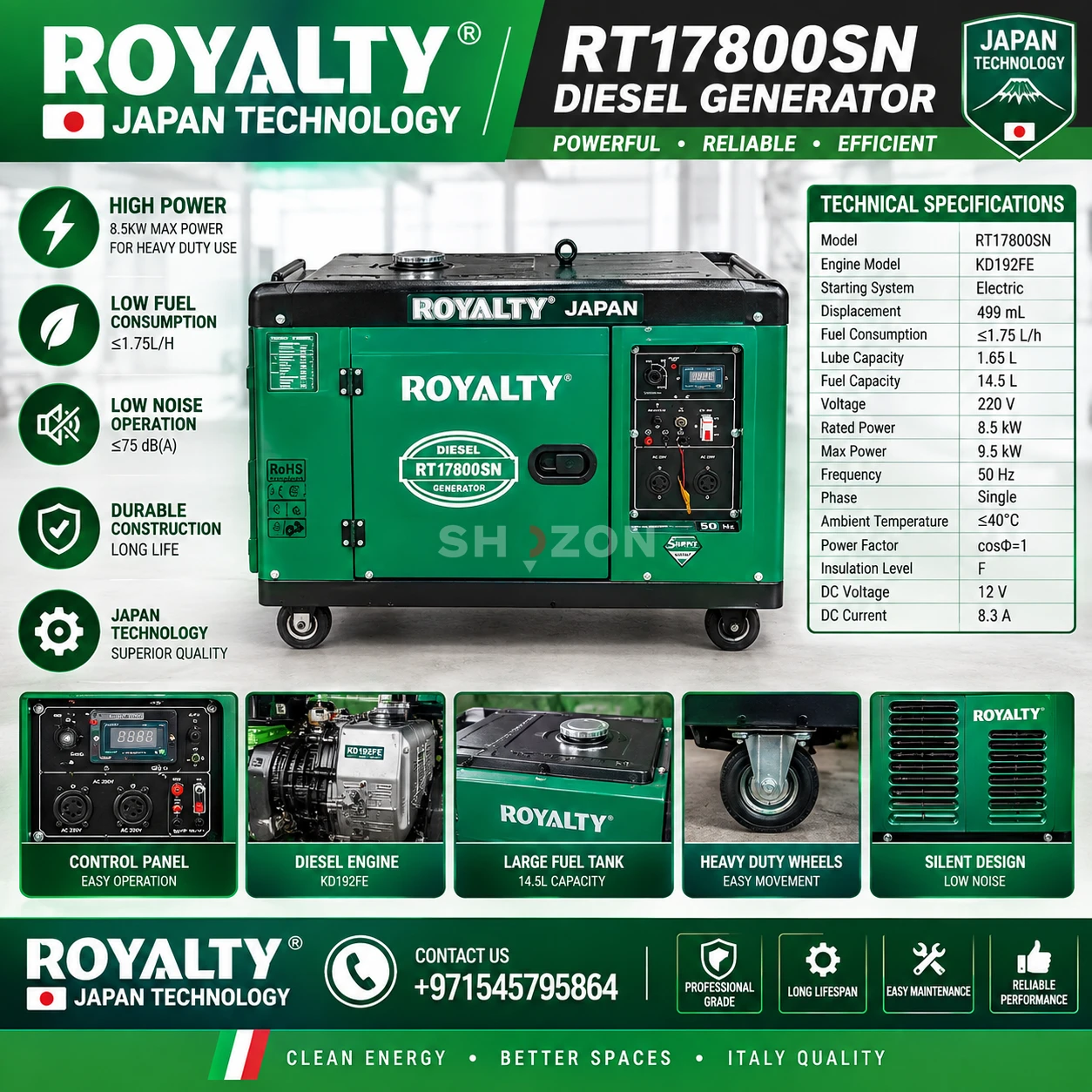 Royalty RT17800SN Diesel Generator 8.5kW Green