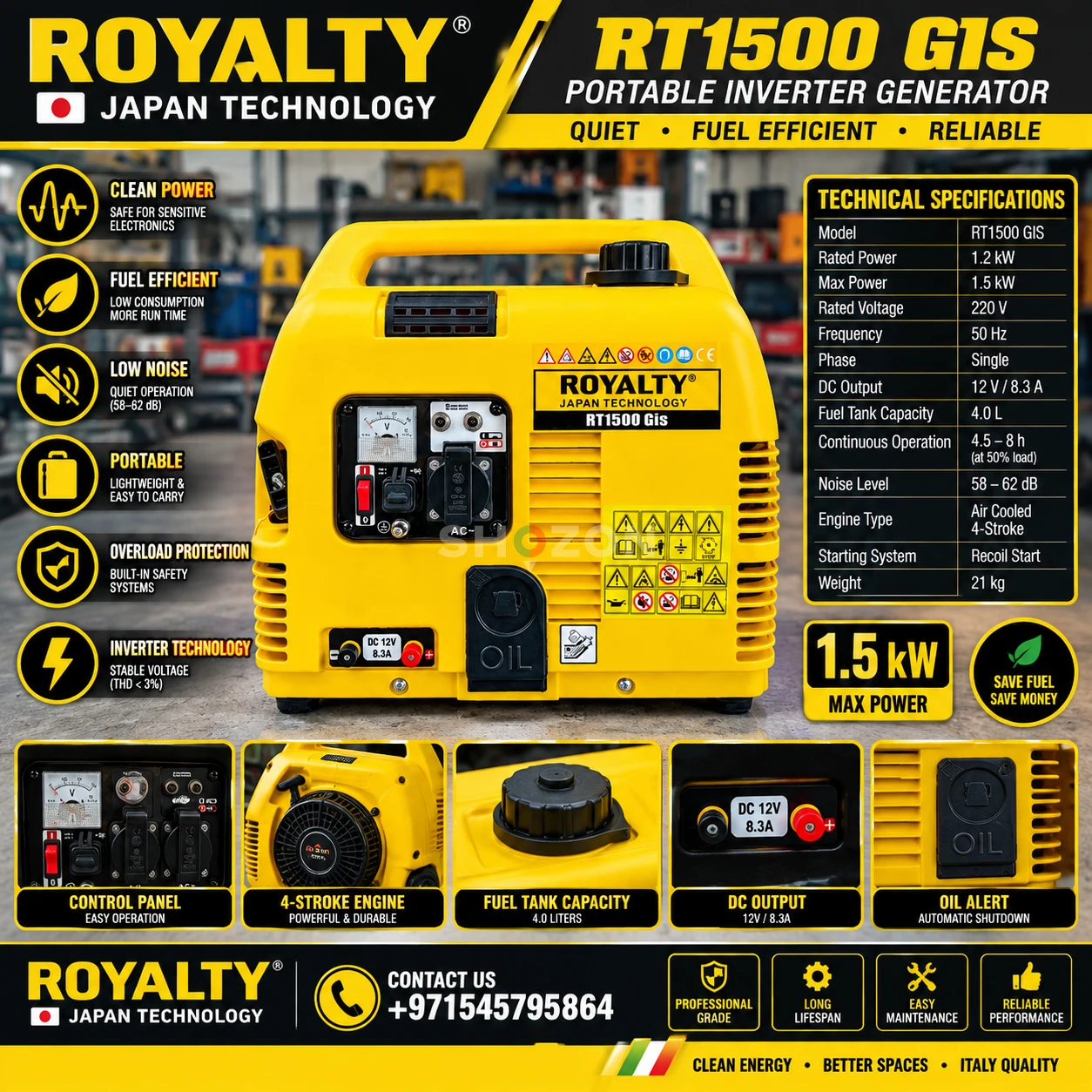 Royalty RT1500 GIS Portable Inverter Generator Yellow