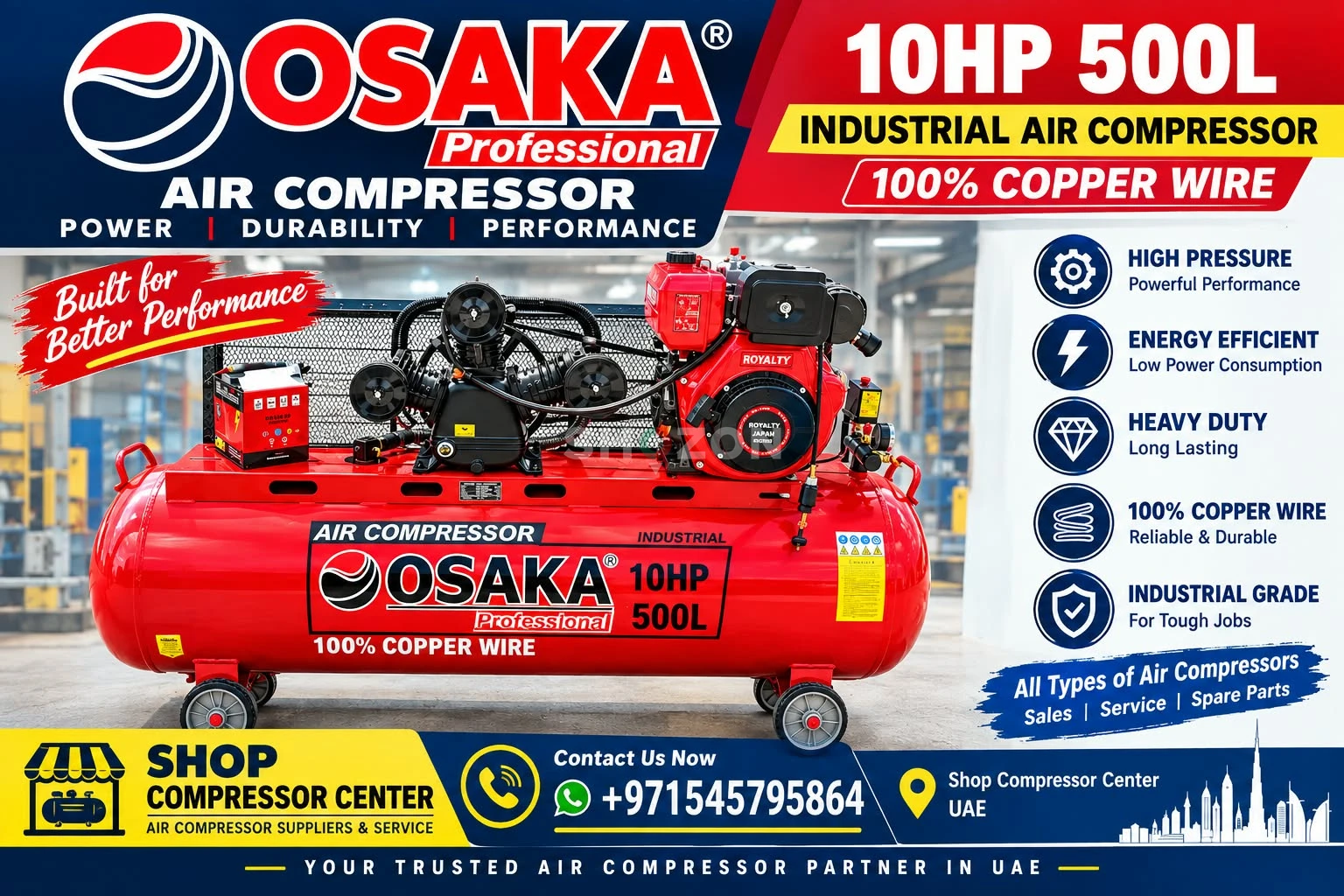 Diesel Engine Air Compressor 500Liter 11Hp  Osaka 10HP 500L Industrial Air Compressor